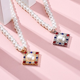 304 Stainless Steel Colorful Cubic Zirconia Rhombus Pendant Necklaces, White Plastic Pearl Beaded Necklaces for Women