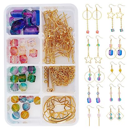 Kits de fabrication de boucles d'oreilles bricolage, y compris les perles acryliques, perles en laiton et anneaux de liaison et chaînes de câble et crochets de boucle d'oreille, Pendentifs en acier inoxydable, épingle à œil en fer