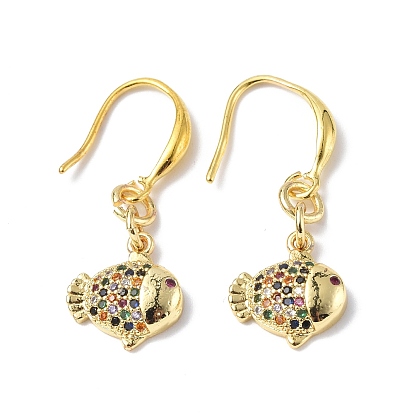 Colorful Cubic Zirconia Fish Dangle Earrings, Rack Plating Brass Jewelry for Women
