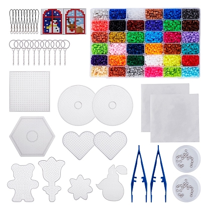 Kit de llavero de bricolaje, con cuentas de fusibles, correas móviles bucle cable, papel de planchar, tableros de plástico del ABC, 304 anillo de llavero de acero inoxidable, bandeja de plástico y pinzas, tarjetas de papel
