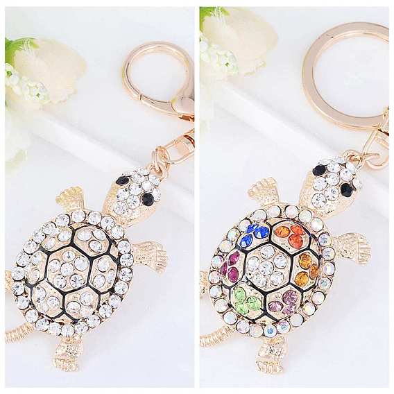 Ocean Theme Alloy Rhinestone Keychain, Tortois Charms, for Purse, Backpack Ornament, Light Gold