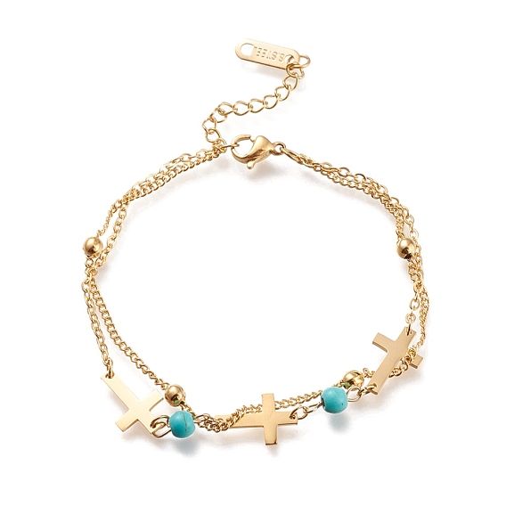 304 из нержавеющей стали браслеты многожильных, с синтетическими бирюзовых бусин и когтя омара застежками, крестик