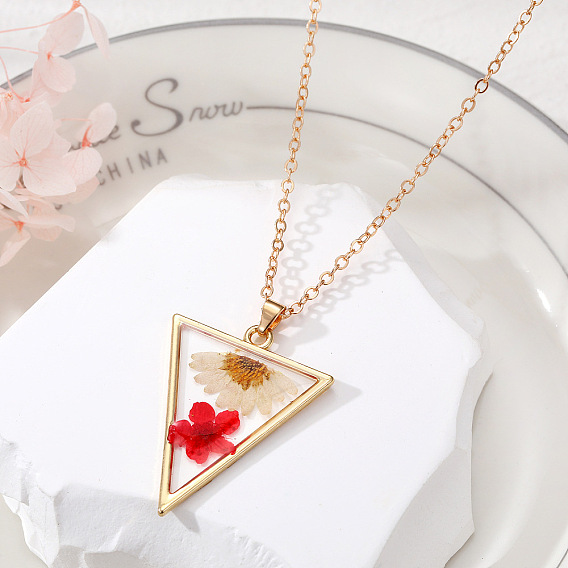 Ожерелья из сплава смолы с внутренним сухоцветом в форме перевернутого треугольника для женщин, золотые