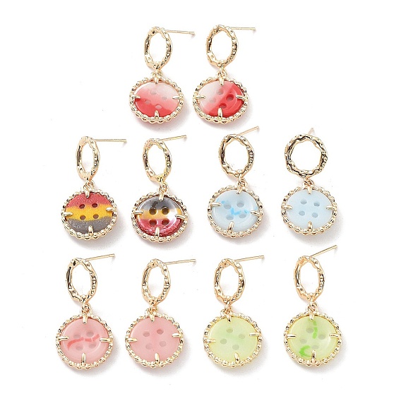 Flat Round Light Gold Brass Micro Pave Cubic Zirconia Stud Earrings, Glass Drop Earrings