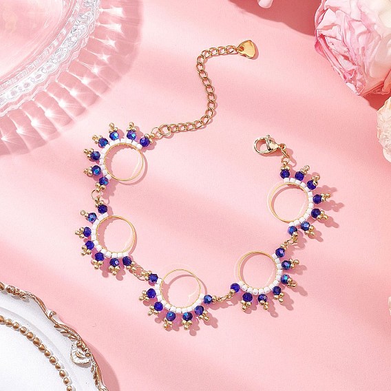 Плоские круглые 304 браслеты со звеньями из нержавеющей стали для женщин, с плоскими стеклянными бусинами в форме облака, гальваническими стеклянными бусинами и латунными соединительными кольцами