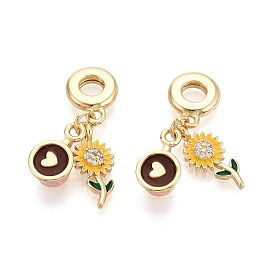 Европейские подвески-шармы из латуни с микропаве из прозрачных кубических цирконий и эмали, подвески с большими отверстиями в виде цветов и кофейных чашек, реальный 18 k позолоченный