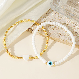 Heart/Evil Eye Shell & Brass/Resin Beaded Stretch Bracelets for Women