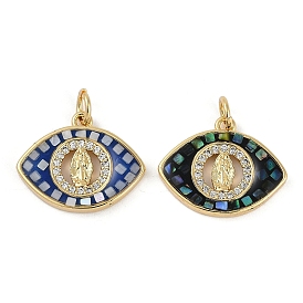 Rack Plating Brass Micro Pave Clear Cubic Zirconia Pendants, with Enamel Shell, Long-Lasting Plated, Lead Free & Cadmium Free, Real 18K Gold Plated, Eye with Virgin Mary Pattern