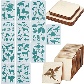 Gorgecraft 30Pcs Log Rounded Square Wood Chips, DIY Craft Accessories & 1 Set Plastic Drawing Painting Stencils Templates, Rectangle, Animals Pattern