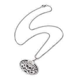 Oval with Skull 304 Stainless Steel Pendant Necklaces, with Enamel