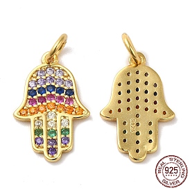 925 Sterling Silver Micro Pave Cubic Zirconia Pendants, Hamsa Hand/Hand of Miriam Charm, with Jump Ring & 925 Stamp