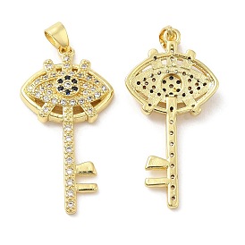 Brass Micro Pave Cubic Zirconia Pendants, Lead Free & Cadmium Free, Skeleton Key with Eye Charms