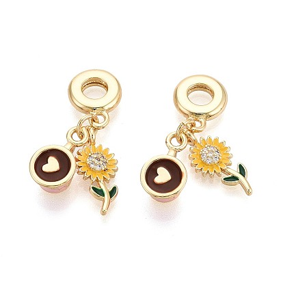 Европейские подвески-шармы из латуни с микропаве из прозрачных кубических цирконий и эмали, подвески с большими отверстиями в виде цветов и кофейных чашек, реальный 18 k позолоченный