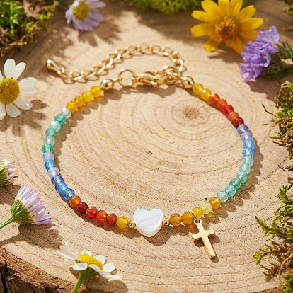 Латунь шарм браслеты, Браслеты из бусин с драгоценными камнями и ракушками для женщин, крест и сердце