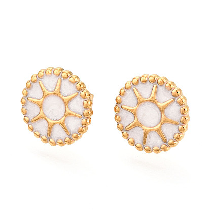 Плоские круглые с солнцем 304 серьги-гвоздики из нержавеющей стали с эмалью, ионное покрытие (ip), реальный 18 k позолоченный