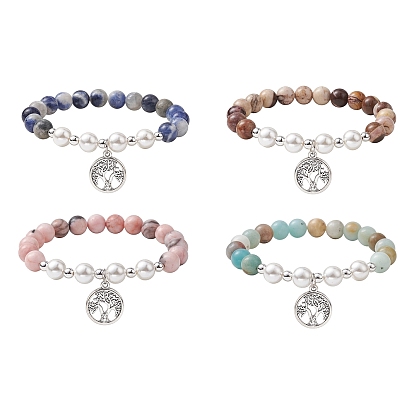 Natural Mixed Gemstone & Shell Pearl Stretch Bracelet, with Alloy Tree of Life Charms