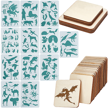 30Pcs Log Rounded Square Wood Chips, DIY Craft Accessories & 1 Set Plastic Drawing Painting Stencils Templates, Rectangle, Animals Pattern