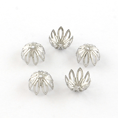 8-Petal Flower 304 Stainless Steel Fancy Bead Caps, 11x7mm, Hole: 1mm