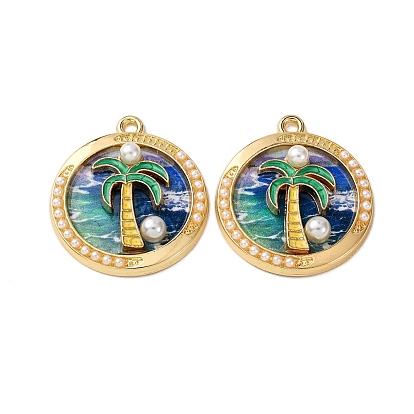 Подвески из эмали и сплава, с имитацией жемчуга из АБС и печатью, плоский круглый с подвесками из кокосовой пальмы, стойки покрытие, золотой свет