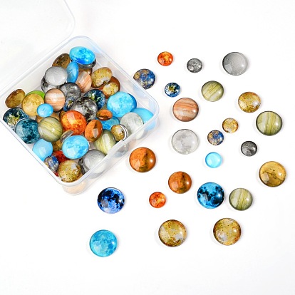 80Pcs 4 Styles Luminous Glass Cabochons, Planet Pattern, Half Round