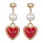 Valentine's Day Alloy Enamel Dangle Stud Earrings with Brass Pins, Natural Pearl Beaded Drop Earrings