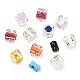 Transparent Spray Painted Acrylic Beads, Cube with Colored Core