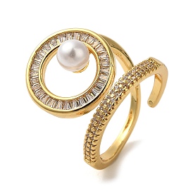 Rack Plating Ring Brass Micro Pave Clear Cubic Zirconia Open Cuff Rings, with Round ABS Plastic Imitation Pearl Beads, Long-Lasting Plated