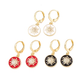 Enamel Flat Round with Sun Dangle Leverback Earrings, Real 18K Gold Plated Brass Drop Earrings with Clear Cubic Zirconia for Women, Lead Free & Cadmium Free