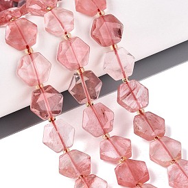 Cherry Quartz Glass Beads Strands, Faceted Hexagon, with Seed Beads