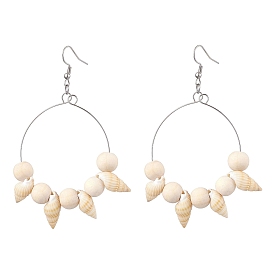 Natural Spiral Shell Dangle Earrings, with Wood Beads and 304 Stainless Steel Earring Hooks, Ring