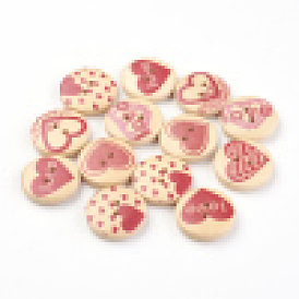 2-Hole Printed Wooden Buttons, Flat Round with Heart Pattern