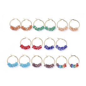 304 Stainless Steel Hoop Earrings, with Faceted Glass Beads, Golden