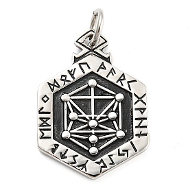 316L Surgical Stainless Steel Pendants, with Jump Ring, Hexagon with Viking Rune Charm