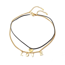 Love and Heart Pendant Necklaces Set for Valentine's Day, with Cowhide Leather Cord and 304 Stainless Steel Findings
