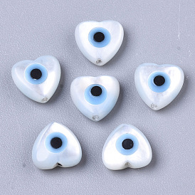 Natural White Shell Mother of Pearl Shell Beads, with Synthetic Turquoise, Heart with Evil Eye