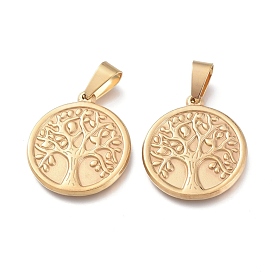 Ion Plating(IP) 304 Stainless Steel Pendants, Flat Round with Tree of Life