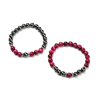 Natural Tiger Eye(Dyed) Beads Stretch Bracelets Set, with Non-Magnetic Synthetic Hematite Beads