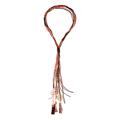 Ожерелья-лариаты из сплава, смолы, вощеного шнура и искусственной кожи в богемном стиле, Сердце & плоские круглые, золотые