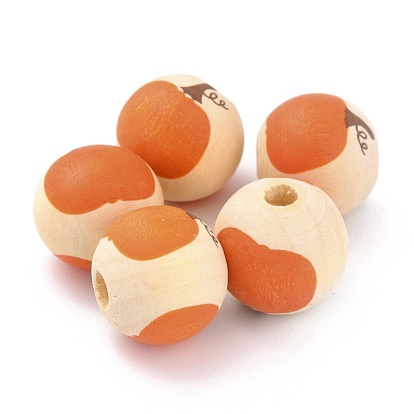 Cuentas de madera natural con tema de otoño, cuentas a cuadros, redondo con estampado de calabaza