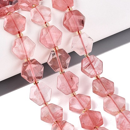 Cherry Quartz Glass Beads Strands, Faceted Hexagon, with Seed Beads