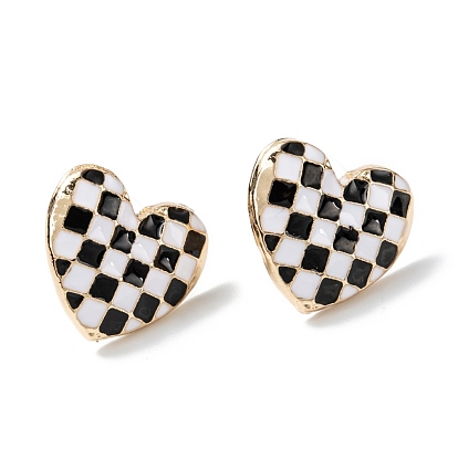 Black and White Checkerboard Heart Stud Earrings, Alloy Enamel with 925 Sterling Silver Pin, for Girl Women