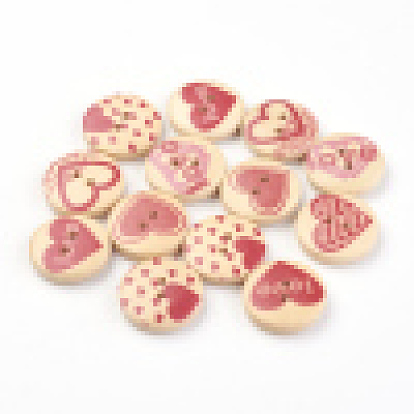 2-Hole Printed Wooden Buttons, Flat Round with Heart Pattern
