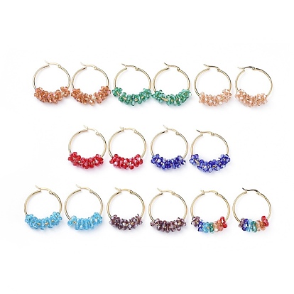 304 Stainless Steel Hoop Earrings, with Faceted Glass Beads, Golden