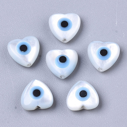 Natural White Shell Mother of Pearl Shell Beads, with Synthetic Turquoise, Heart with Evil Eye