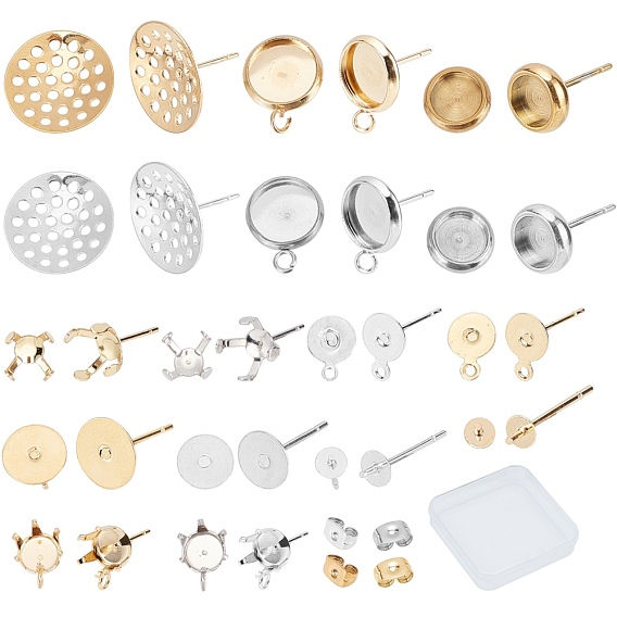 64Pcs 16 Style 304 Stainless Steel Stud Earring Settings Set, with 48Pcs Ear Nut, Flat Round & Ball Round