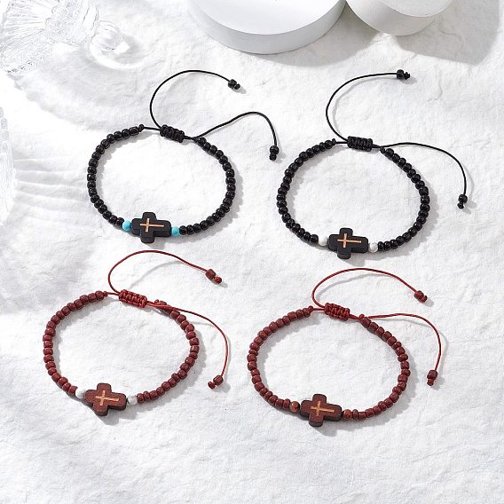 4шт. крестообразные стеклянные бусины с натуральными деревянными бусинами, бусинами из красной яшмы, бусинами из магнезита и круглыми бусинами из говлита, плетеные браслеты из бусин для женщин