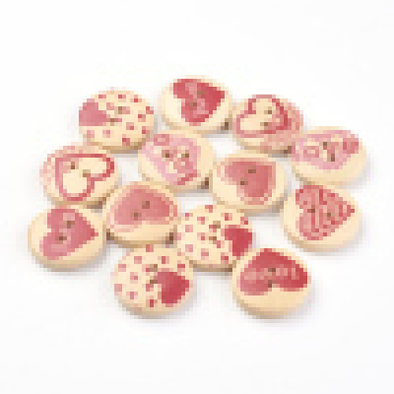 2-Hole Printed Wooden Buttons, Flat Round with Heart Pattern