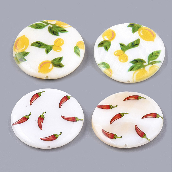 Printed Freshwater Shell Beads, Flat Round, Lemon and Chili Pattern