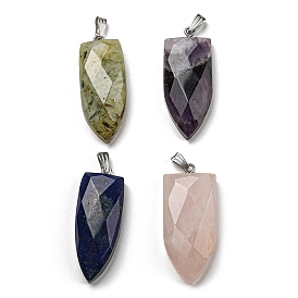 Natural Gemstone Pointed Pendants, Faceted Bullet Charms with Platinum Tone 201 Stainless Steel Snap on Bails