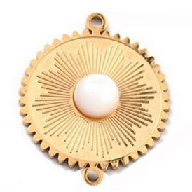Natural White Shell Connector Charms, with Ion Plating(IP) 304 Stainless Steel Findings, Real 24K Gold Plated, Flat Round
